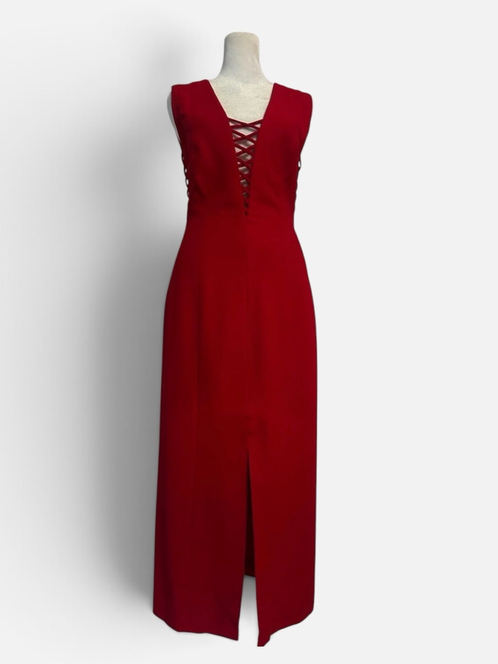 Like New Red Sleeveless V-Neck Lace-Up Maxi Dress